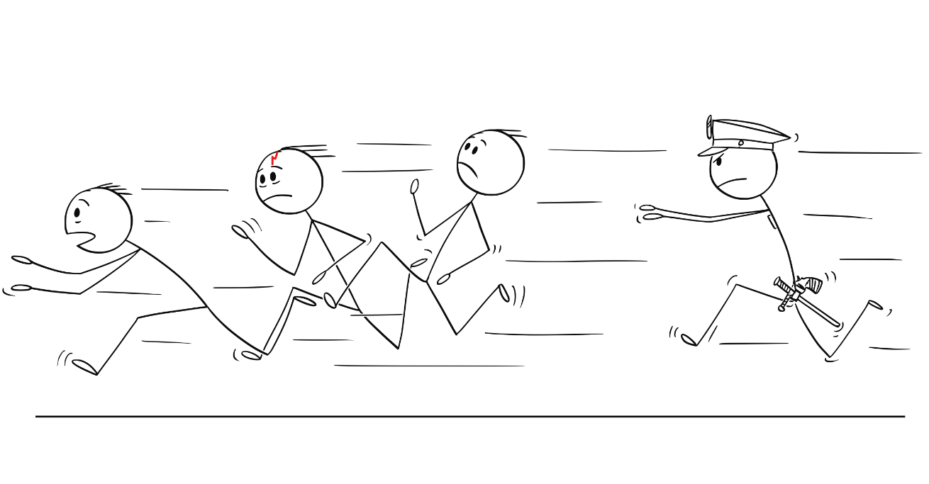 Stick figures, cop chasing people