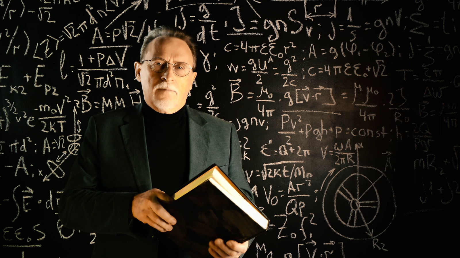 Professor with book in front of chalkboard of equations