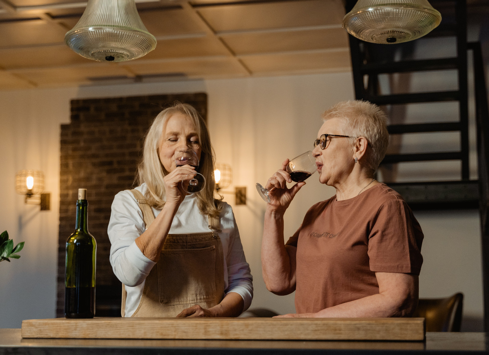 Two senior women enjoying wine